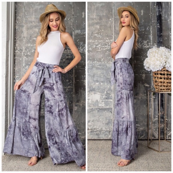 Eesome Smoky Purple Gray High Waist Tiered Flared Tie Dye Wide Leg Palazzo Pants - Picture 4 of 15
